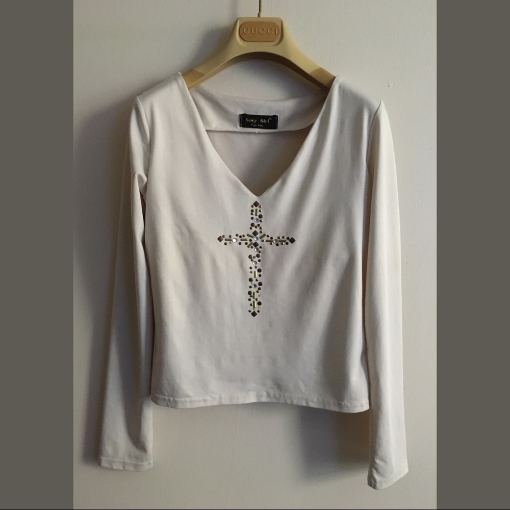 Cross Studs V Neck Long Sleeves White Lycra Blouse